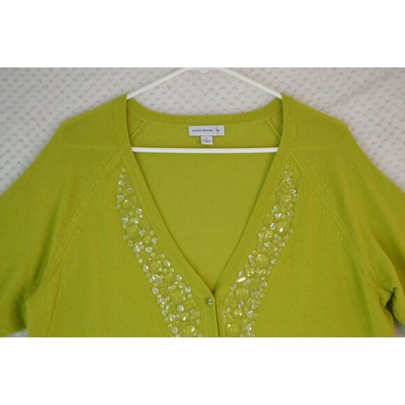 Susan Graver Women's Large Green Embellished 3/4 Sleeve Button Cardigan Sweater - Picture 2 of 11